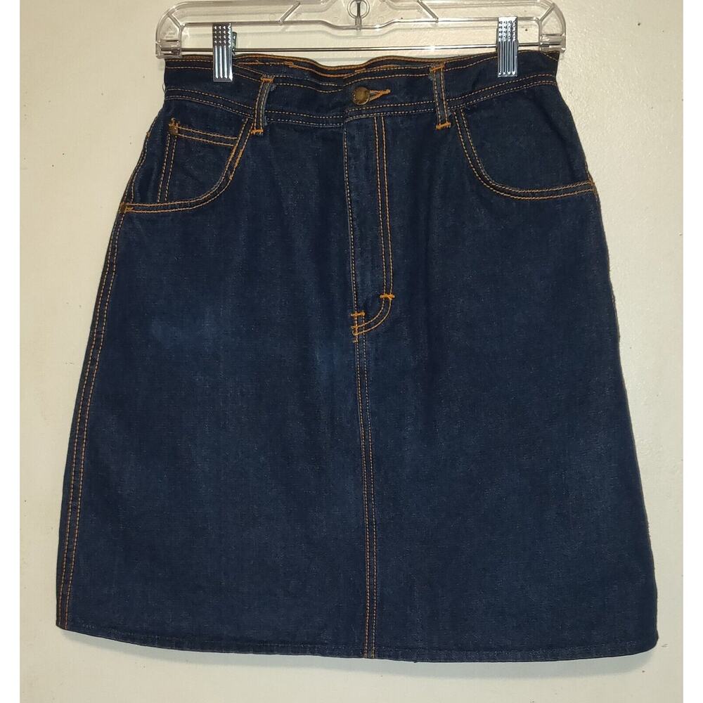 Vintage Gitano Blue Denim Jean Skirt SIZE 13/14 Dark Wash Orange Threads Knee